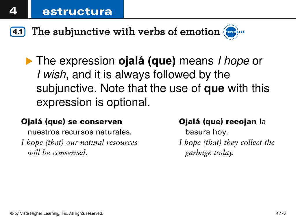 The expression ojalá (que) means I hope or I wish, and it is always followed by the subjunctive. Note that the use of que with this expression is optional.