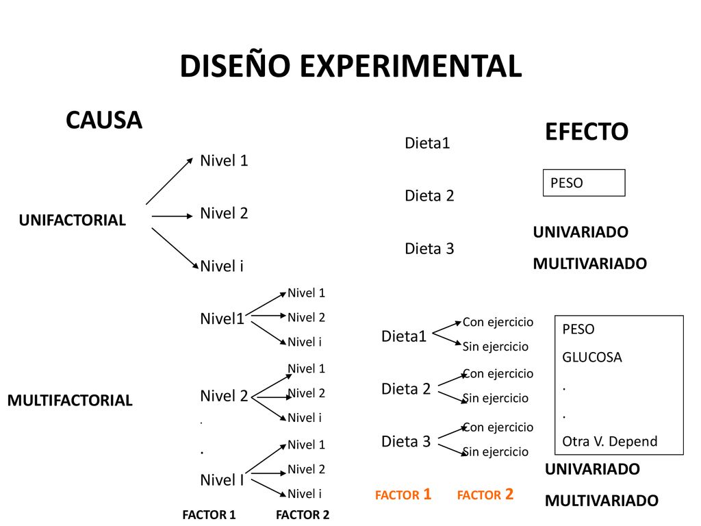 DISEÑO EXPERIMENTAL CAUSA EFECTO Dieta1 Nivel 1 Dieta 2 Nivel 2