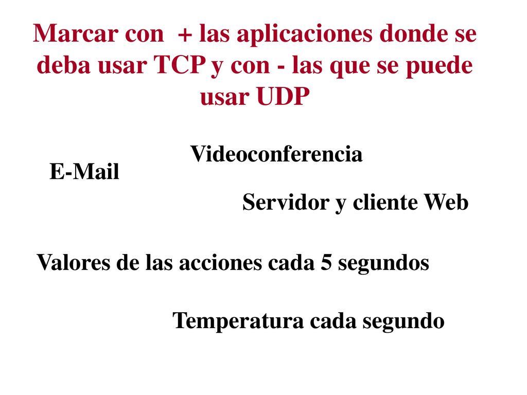Marcar con + las aplicaciones donde se deba usar TCP y con - las que se puede usar UDP