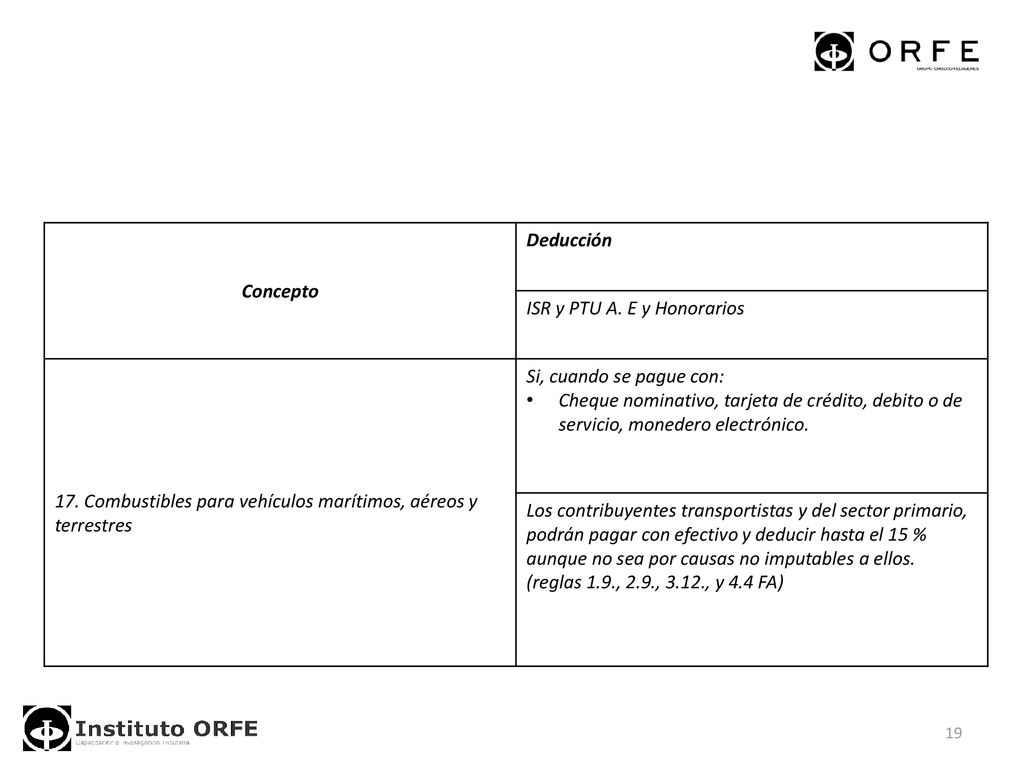 Concepto Deducción. ISR y PTU A. E y Honorarios. 17. Combustibles para vehículos marítimos, aéreos y terrestres.