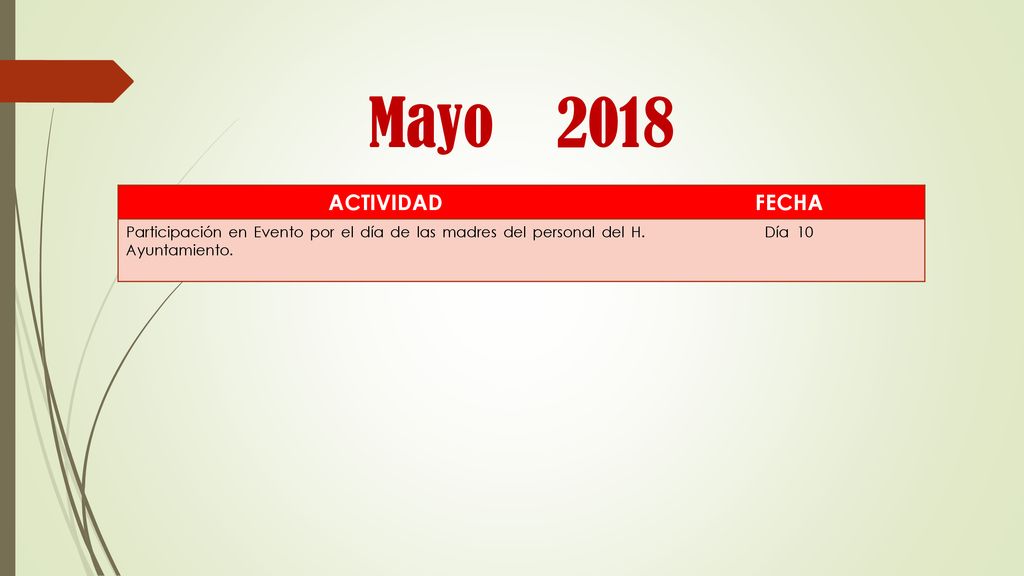 Mayo 2018 ACTIVIDAD. FECHA. Participación en Evento por el día de las madres del personal del H. Ayuntamiento.