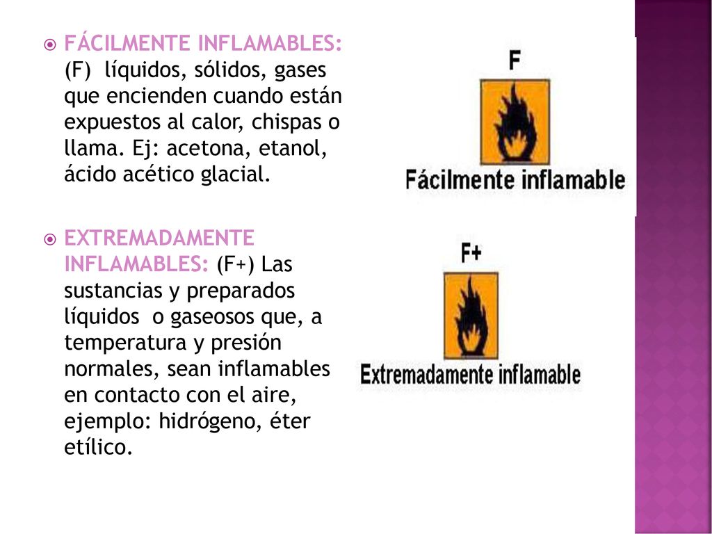 FÁCILMENTE INFLAMABLES: (F) líquidos, sólidos, gases que encienden cuando están expuestos al calor, chispas o llama. Ej: acetona, etanol, ácido acético glacial.