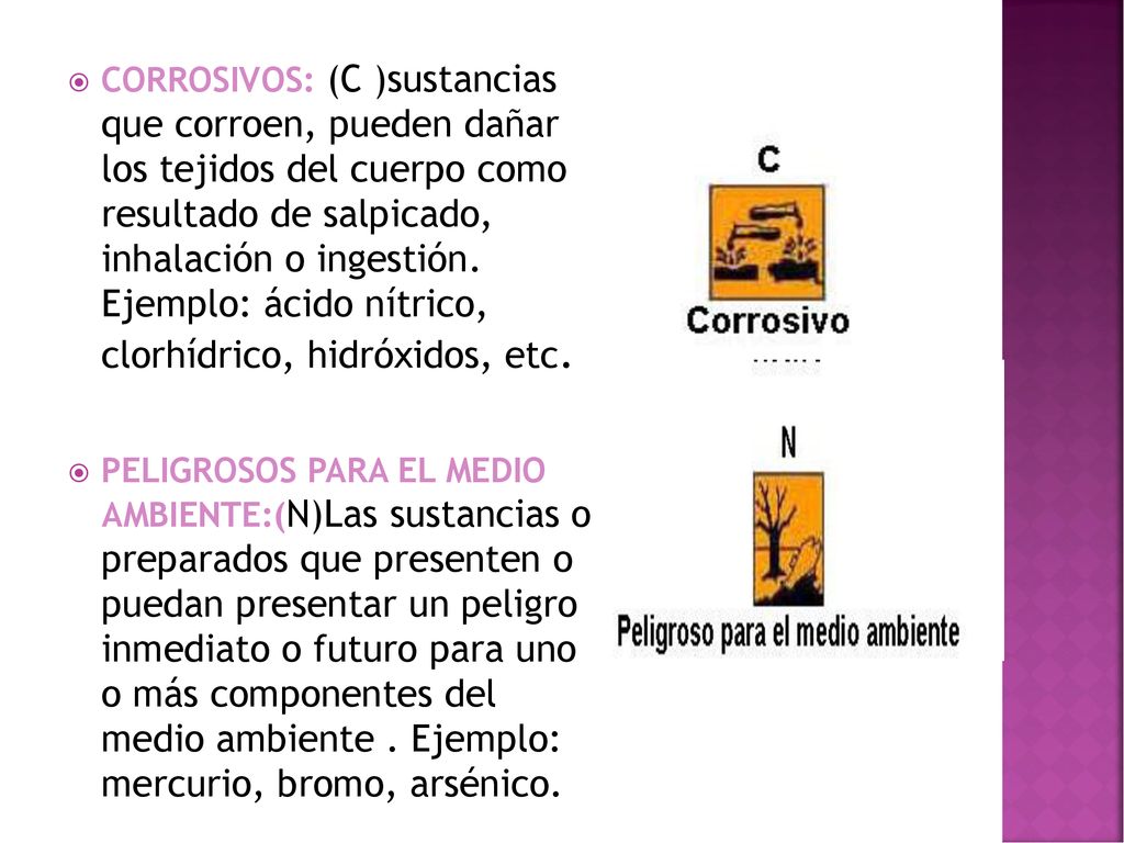 CORROSIVOS: (C )sustancias que corroen, pueden dañar los tejidos del cuerpo como resultado de salpicado, inhalación o ingestión. Ejemplo: ácido nítrico, clorhídrico, hidróxidos, etc.