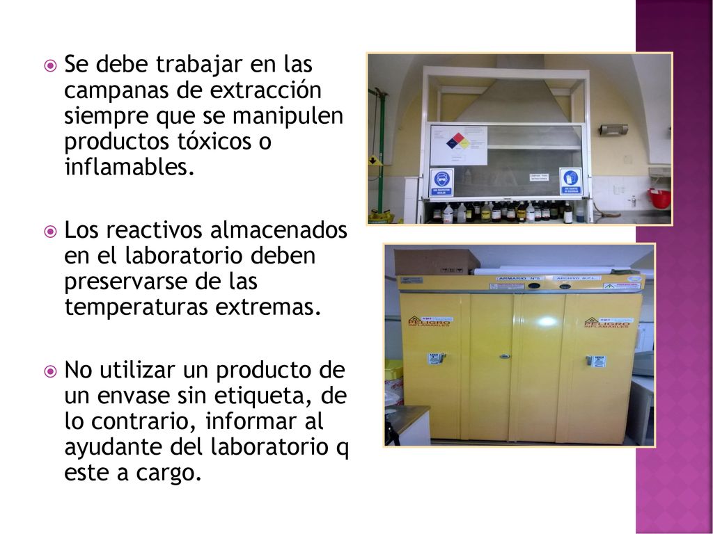 Se debe trabajar en las campanas de extracción siempre que se manipulen productos tóxicos o inflamables.