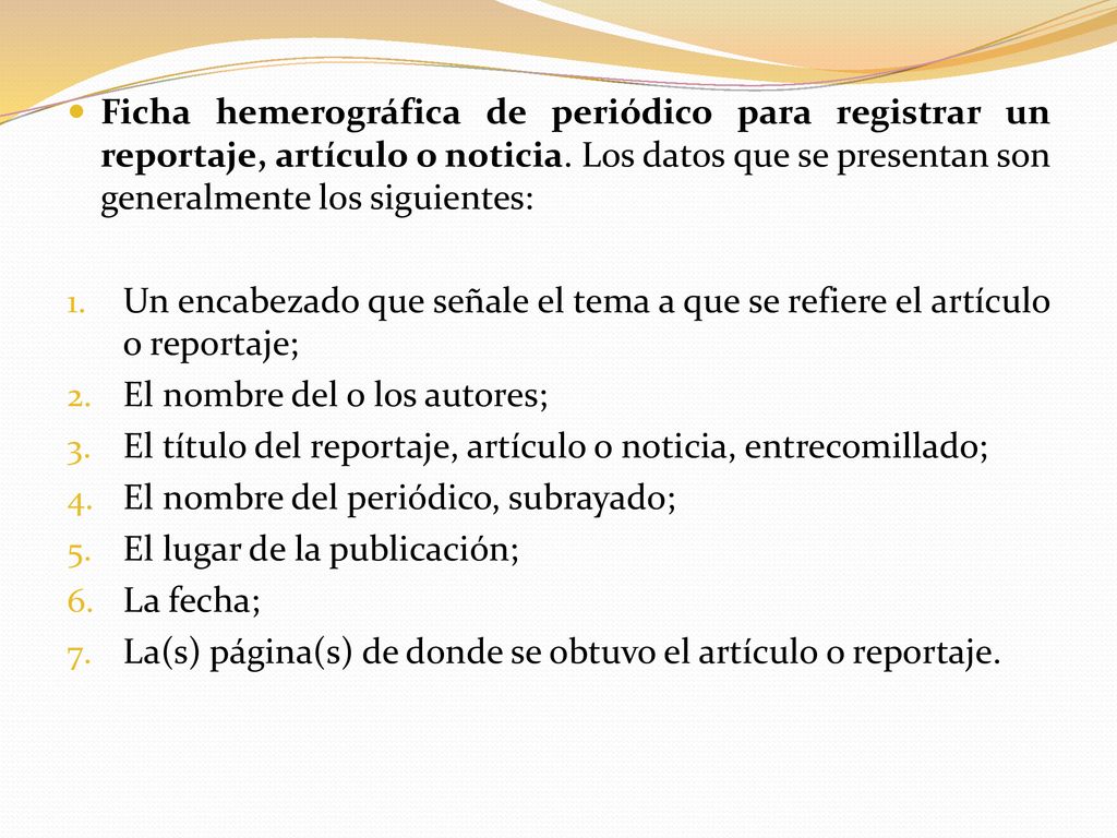 Ficha hemerográfica de periódico para registrar un reportaje, artículo o noticia. Los datos que se presentan son generalmente los siguientes:
