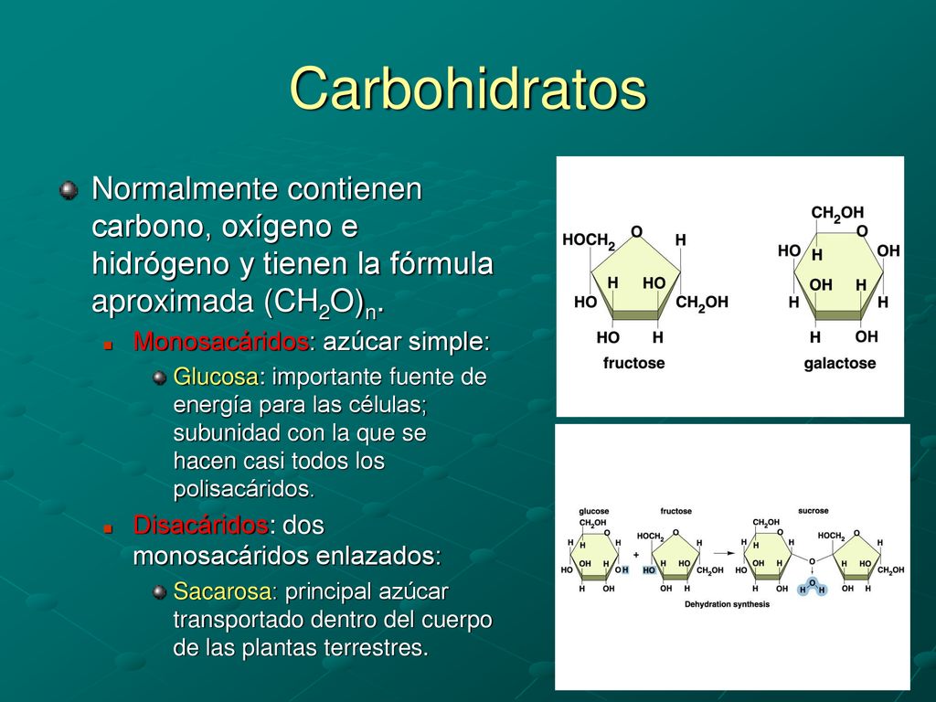 Carbohidratos Normalmente contienen carbono, oxígeno e hidrógeno y tienen la fórmula aproximada (CH2O)n.