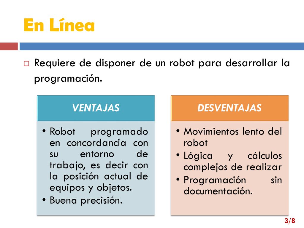 En Línea Requiere de disponer de un robot para desarrollar la programación. VENTAJAS.
