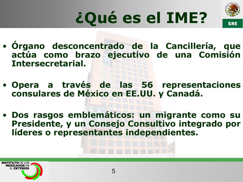¿Qué es el IME Órgano desconcentrado de la Cancillería, que actúa como brazo ejecutivo de una Comisión Intersecretarial.