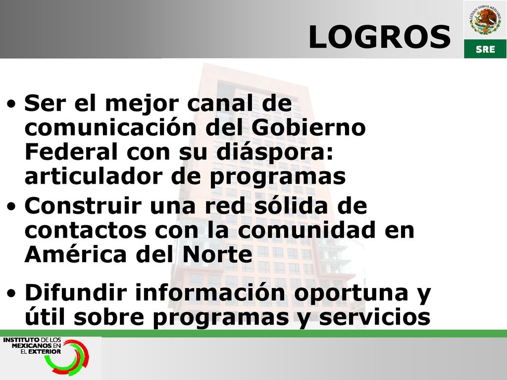 LOGROS Ser el mejor canal de comunicación del Gobierno Federal con su diáspora: articulador de programas.