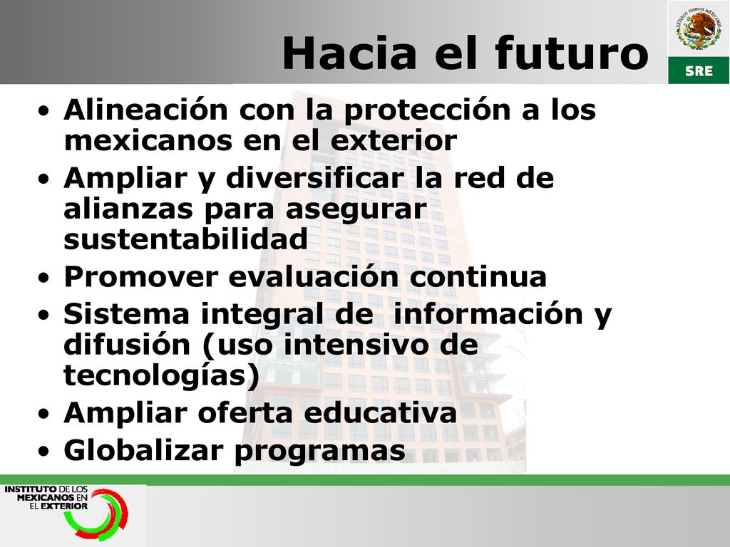 Hacia el futuro Alineación con la protección a los mexicanos en el exterior. Ampliar y diversificar la red de alianzas para asegurar sustentabilidad.