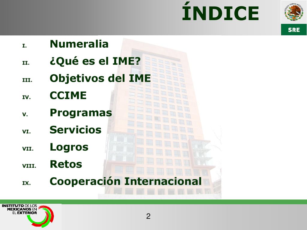 ÍNDICE Numeralia ¿Qué es el IME Objetivos del IME CCIME Programas