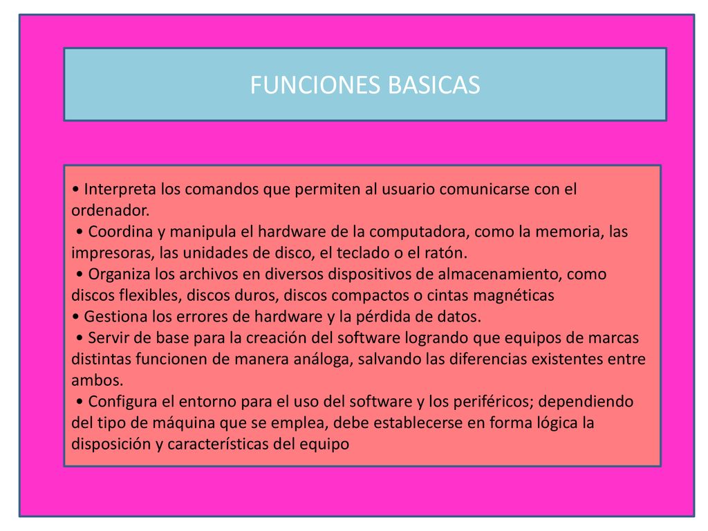 FUNCIONES BASICAS • Interpreta los comandos que permiten al usuario comunicarse con el ordenador.