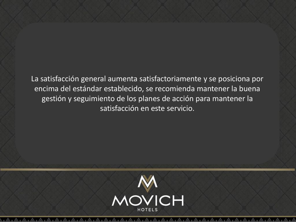 La satisfacción general aumenta satisfactoriamente y se posiciona por encima del estándar establecido, se recomienda mantener la buena gestión y seguimiento de los planes de acción para mantener la satisfacción en este servicio.