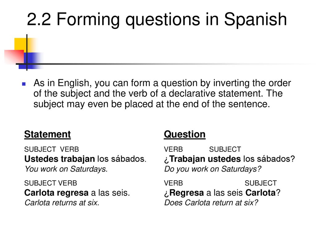As in English, you can form a question by inverting the order of the subject and the verb of a declarative statement. The subject may even be placed at the end of the sentence.
