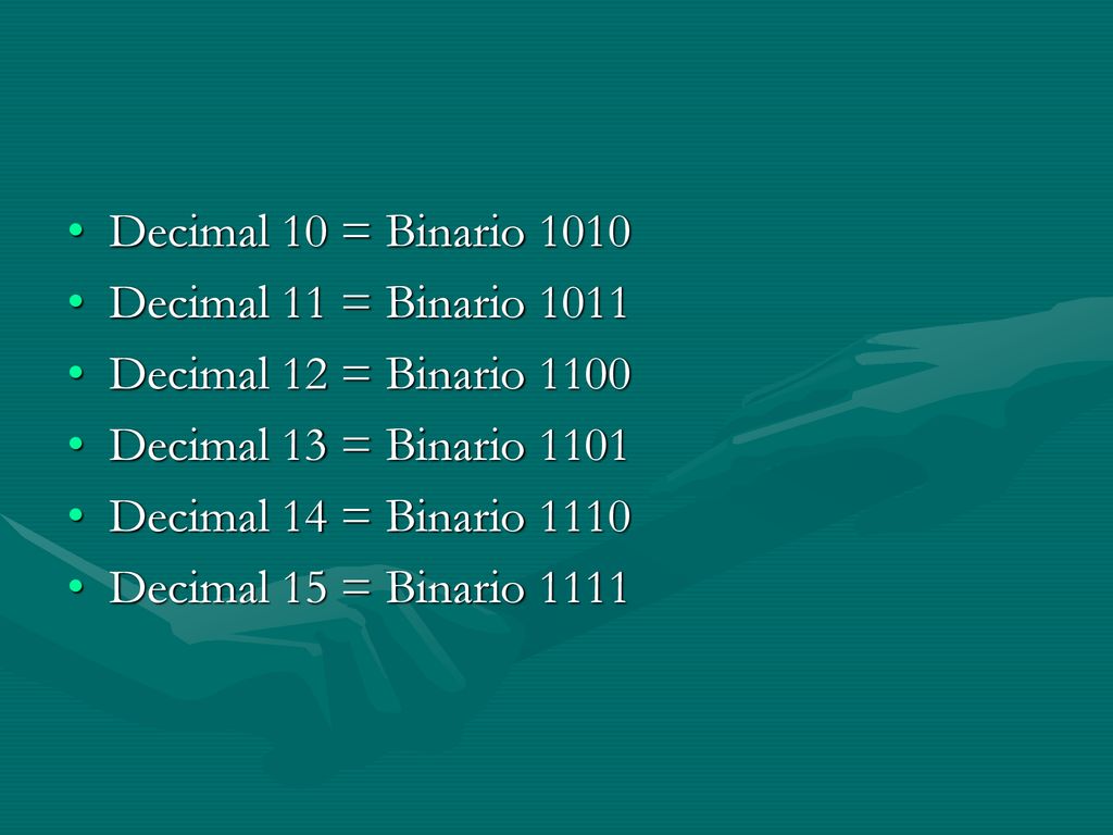 Decimal 10 = Binario 1010 Decimal 11 = Binario Decimal 12 = Binario Decimal 13 = Binario