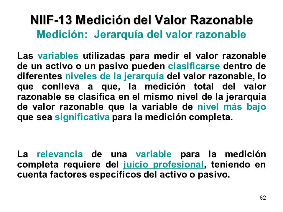 NIIF-13 Medición del Valor Razonable Medición: Jerarquía del valor razonable