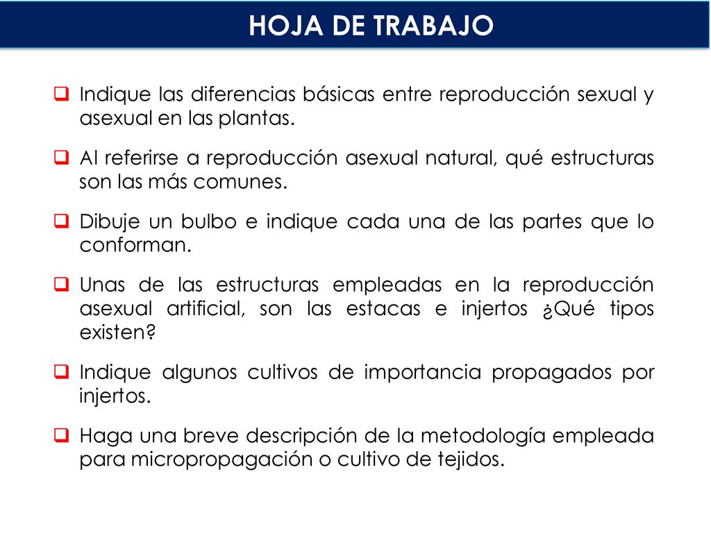 HOJA DE TRABAJO Indique las diferencias básicas entre reproducción sexual y asexual en las plantas.