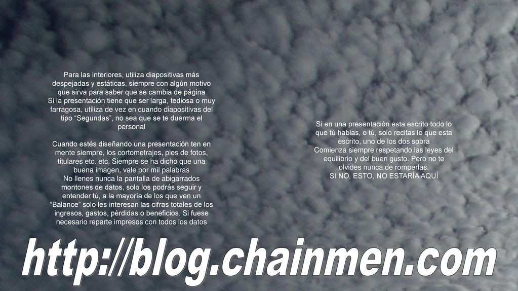 Para las interiores, utiliza diapositivas más despejadas y estáticas, siempre con algún motivo que sirva para saber que se cambia de página
