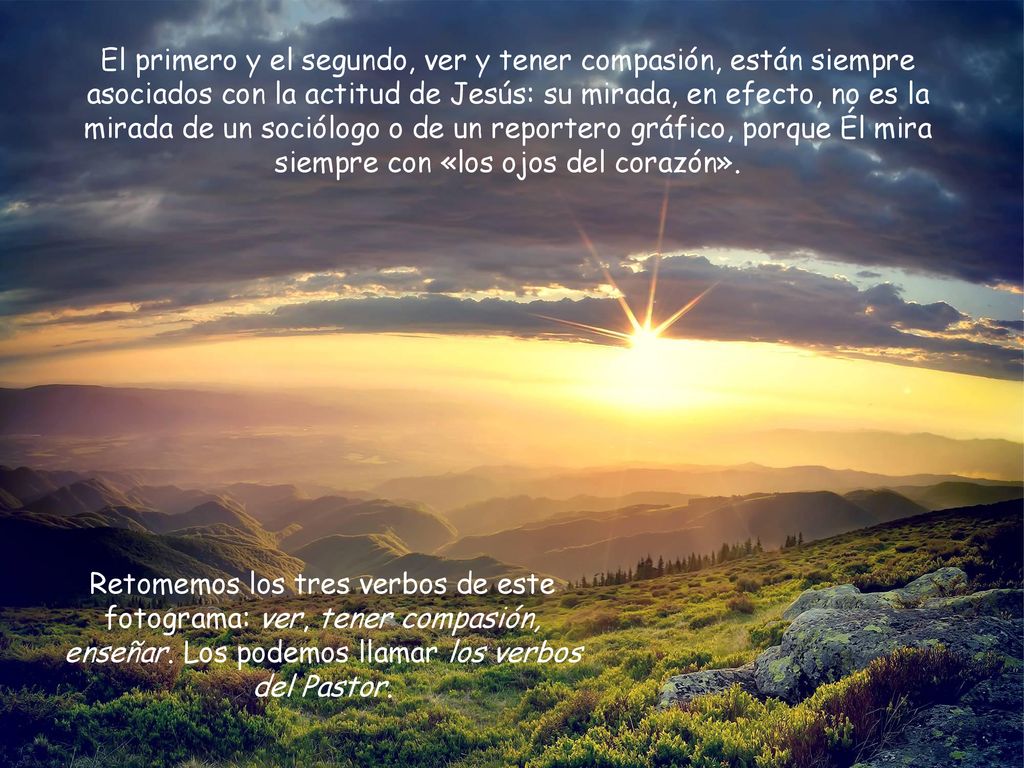 El primero y el segundo, ver y tener compasión, están siempre asociados con la actitud de Jesús: su mirada, en efecto, no es la mirada de un sociólogo o de un reportero gráfico, porque Él mira siempre con «los ojos del corazón».