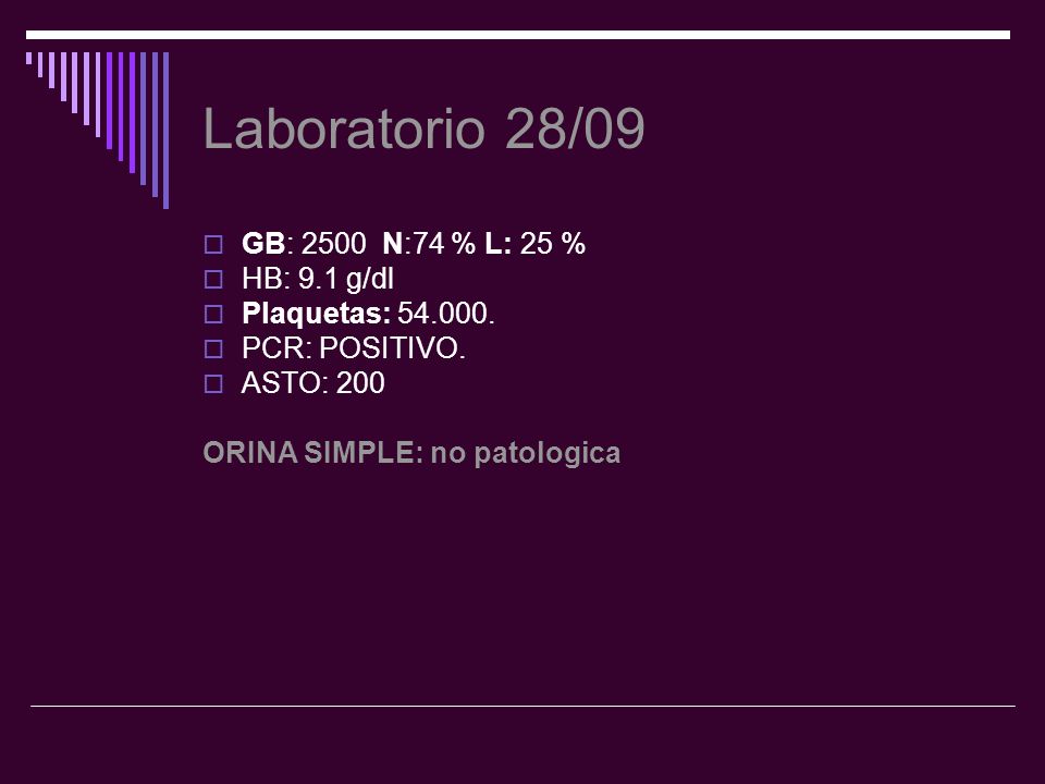Laboratorio 28/09 GB: 2500 N:74 % L: 25 % HB: 9.1 g/dl