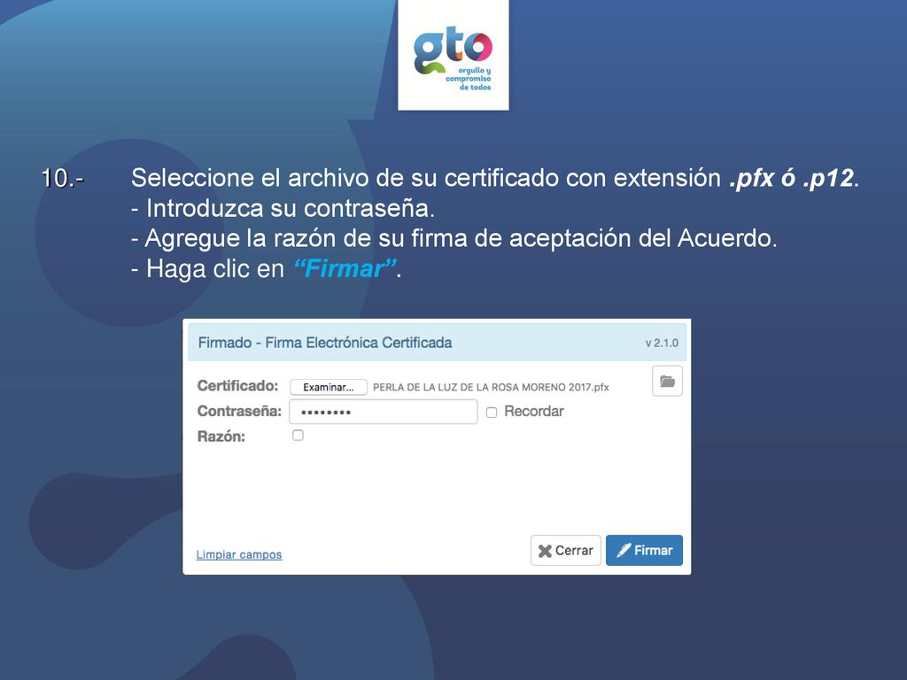 Seleccione el archivo de su certificado con extensión. pfx ó