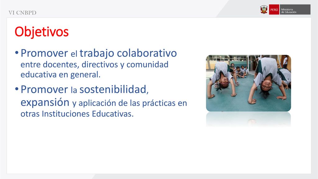 VI CNBPD Objetivos. Promover el trabajo colaborativo entre docentes, directivos y comunidad educativa en general.