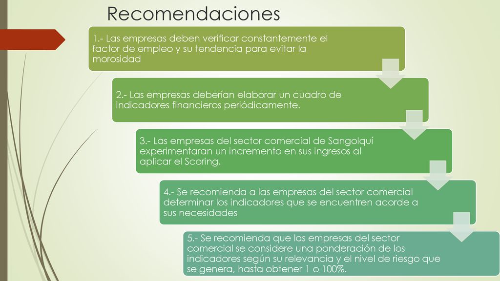 Recomendaciones 1.- Las empresas deben verificar constantemente el factor de empleo y su tendencia para evitar la morosidad.