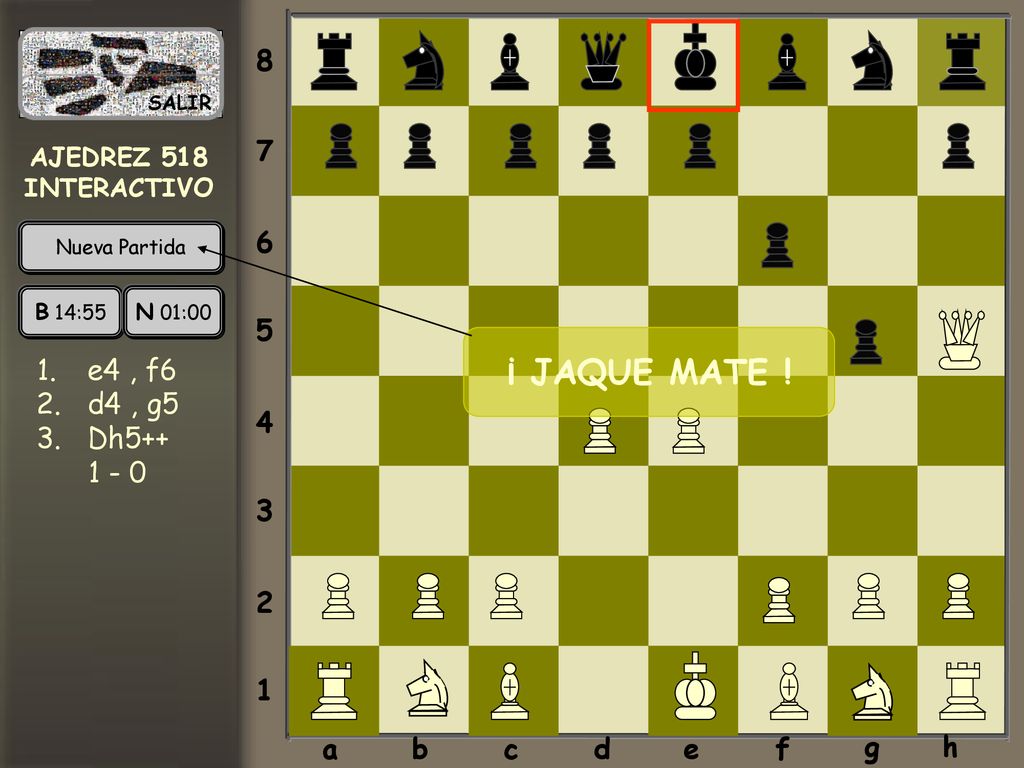 ¡ JAQUE MATE ! a b c d e f g h e4 , f6 d4 , g5 Dh5++