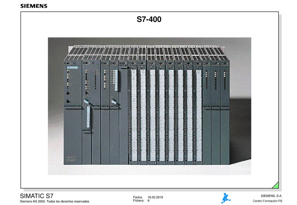S7-400 Características • Sistema de control modular para el rango de actuación medio y alto, • Diferentes tipos de CPUs,