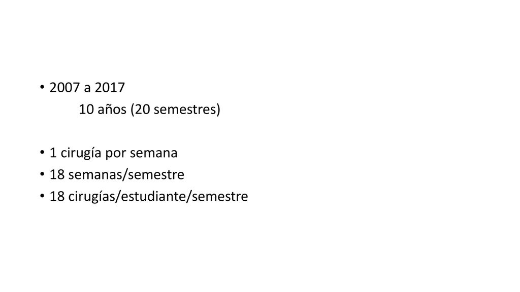 2007 a años (20 semestres) 1 cirugía por semana.