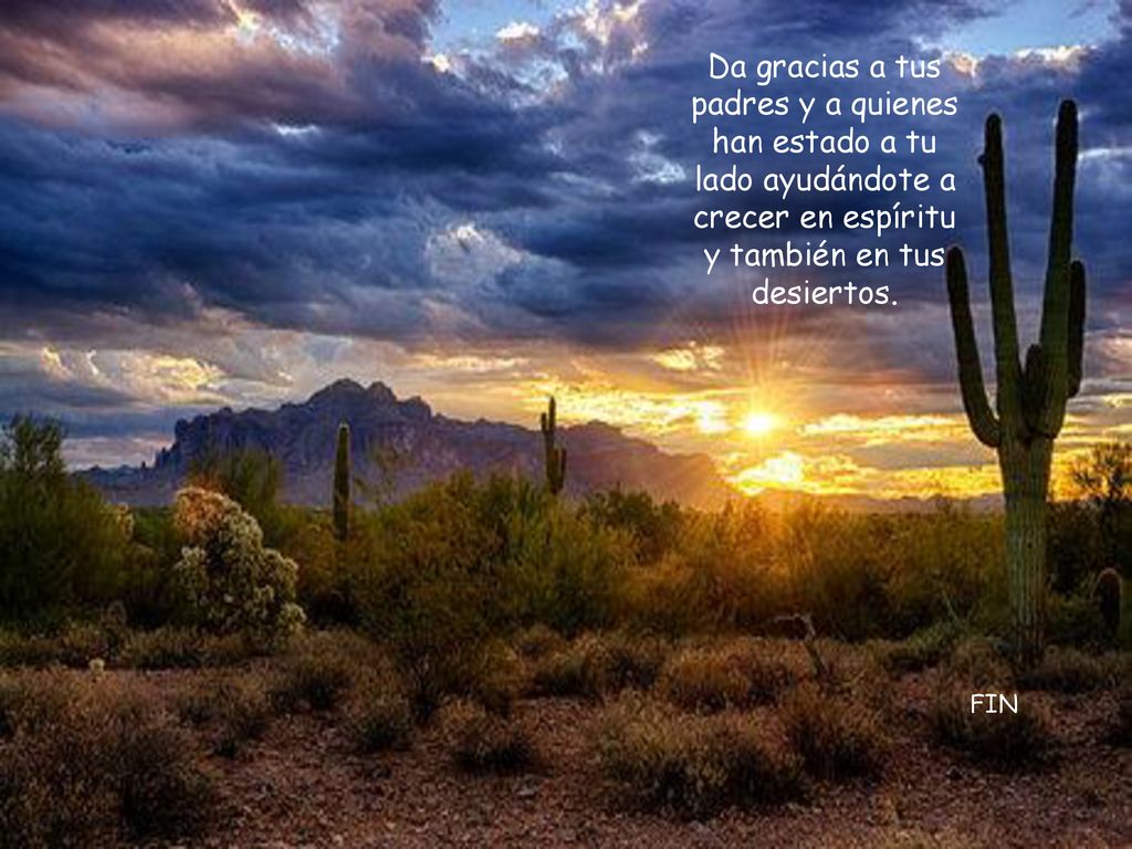 Da gracias a tus padres y a quienes han estado a tu lado ayudándote a crecer en espíritu y también en tus desiertos.