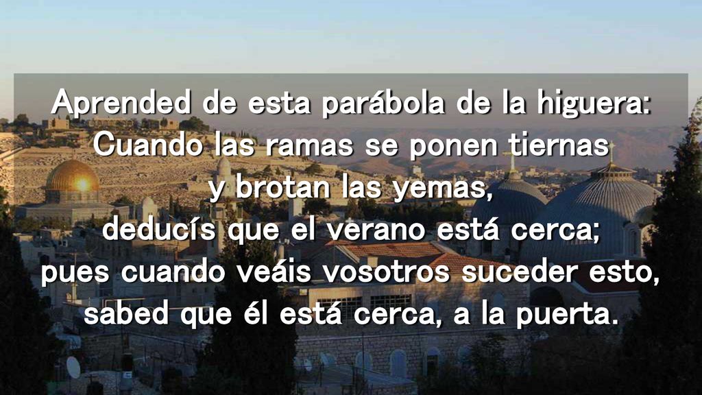 Aprended de esta parábola de la higuera: Cuando las ramas se ponen tiernas y brotan las yemas, deducís que el verano está cerca; pues cuando veáis vosotros suceder esto, sabed que él está cerca, a la puerta.