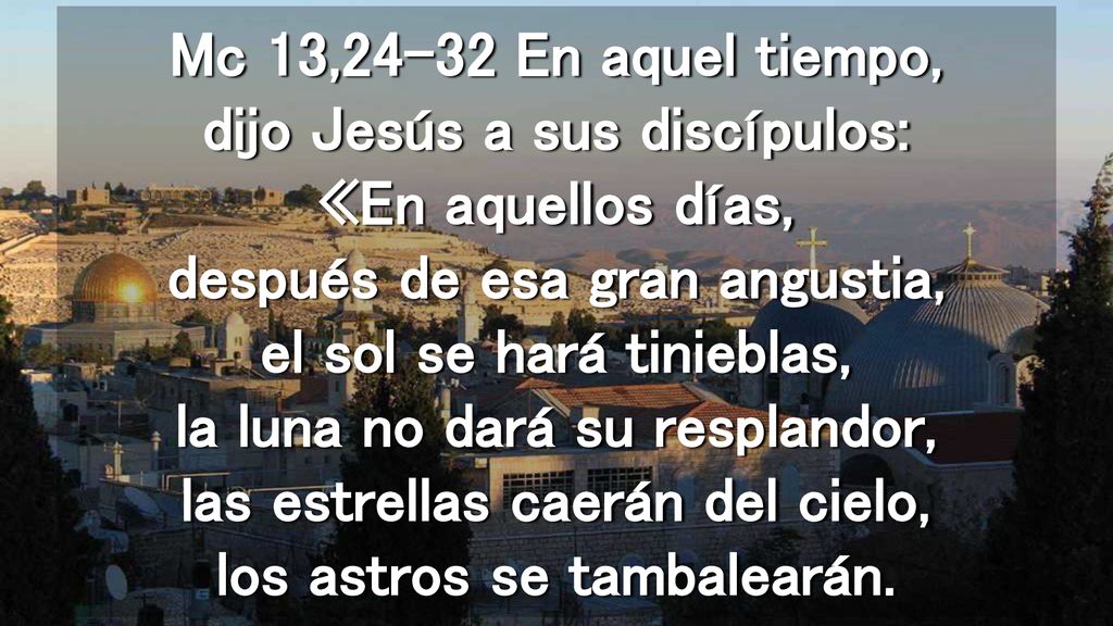 Mc 13,24-32 En aquel tiempo, dijo Jesús a sus discípulos: «En aquellos días, después de esa gran angustia, el sol se hará tinieblas, la luna no dará su resplandor, las estrellas caerán del cielo, los astros se tambalearán.