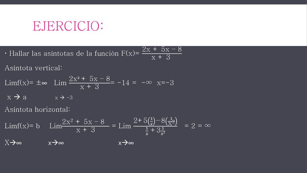 Ejercicio: Hallar las asíntotas de la función F(x)= 2x + 5x – 8 x + 3