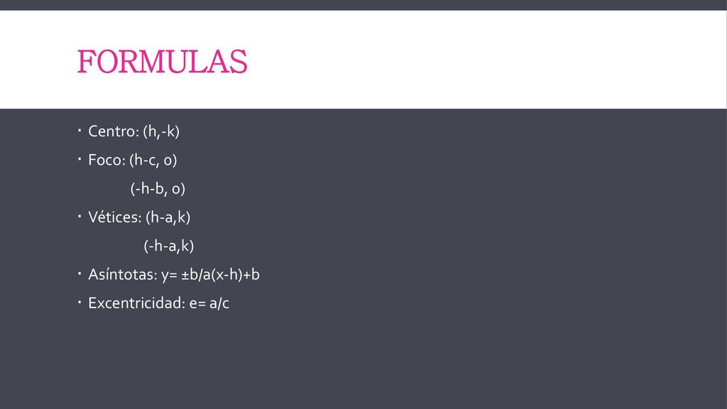 Formulas Centro: (h,-k) Foco: (h-c, 0) (-h-b, 0) Vétices: (h-a,k)