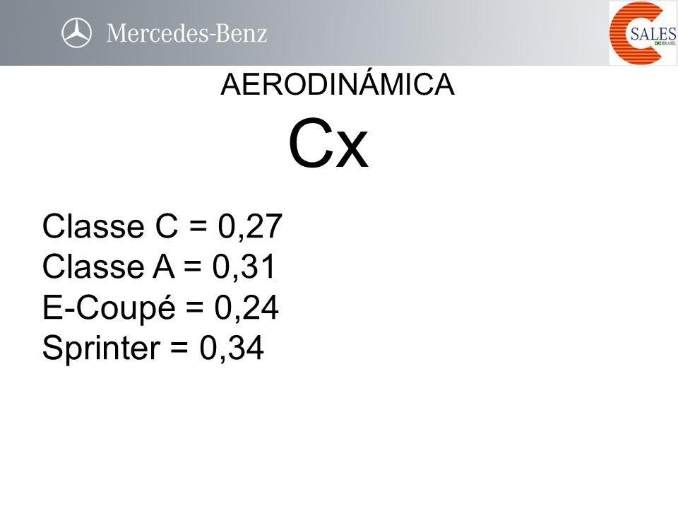 Cx Classe C = 0,27 Classe A = 0,31 E-Coupé = 0,24 Sprinter = 0,34