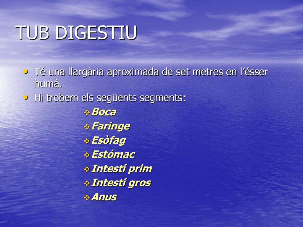 TUB DIGESTIU Té una llargària aproximada de set metres en l’ésser humà. Hi trobem els següents segments: