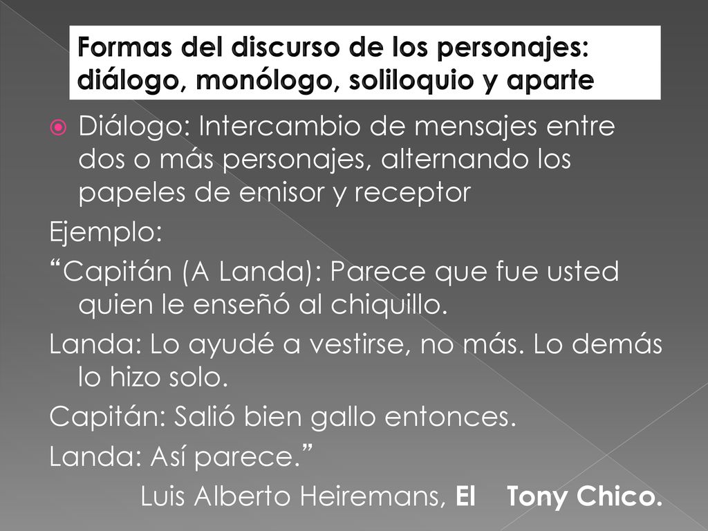 Formas del discurso de los personajes: diálogo, monólogo, soliloquio y aparte