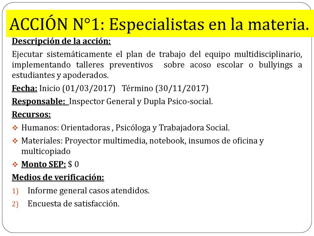 ACCIÓN N°1: Especialistas en la materia.