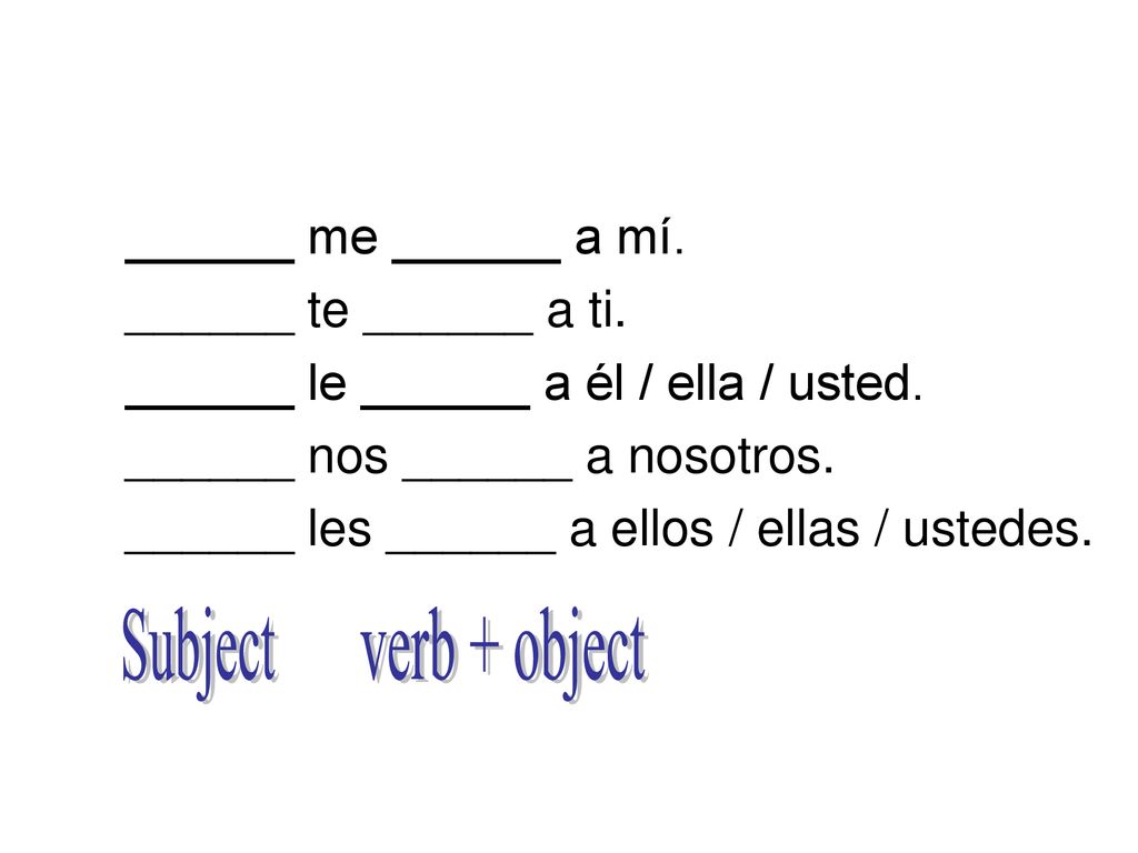 Subject verb + object ______ me ______ a mí. ______ te ______ a ti.