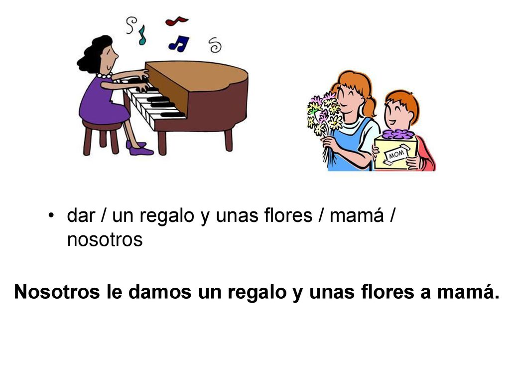 dar / un regalo y unas flores / mamá / nosotros