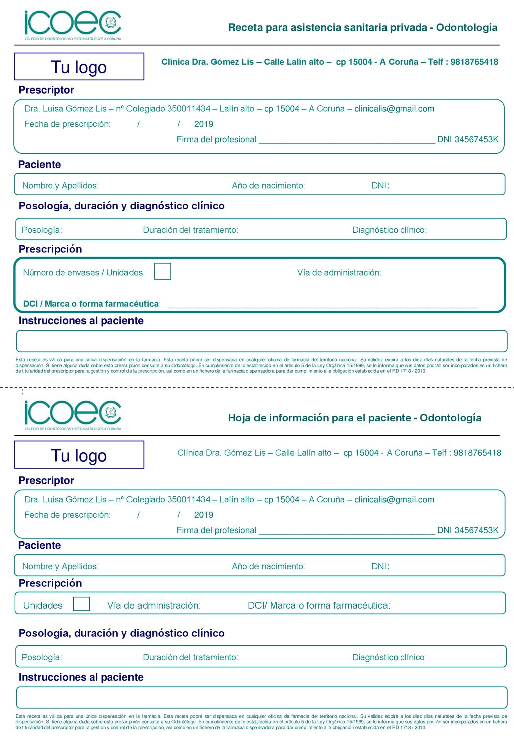 Tu logo Tu logo Receta para asistencia sanitaria privada - Odontología