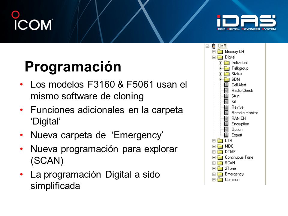 Programación Los modelos F3160 & F5061 usan el mismo software de cloning. Funciones adicionales en la carpeta ‘Digital’
