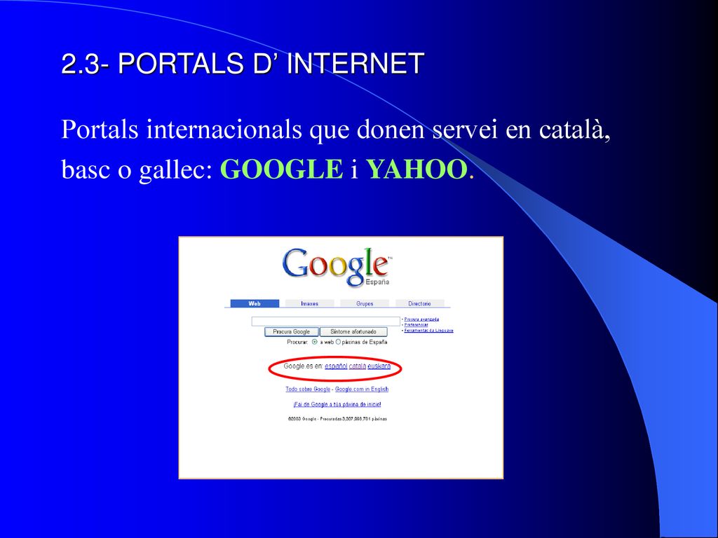 2.3- PORTALS D’ INTERNET Portals internacionals que donen servei en català, basc o gallec: GOOGLE i YAHOO.