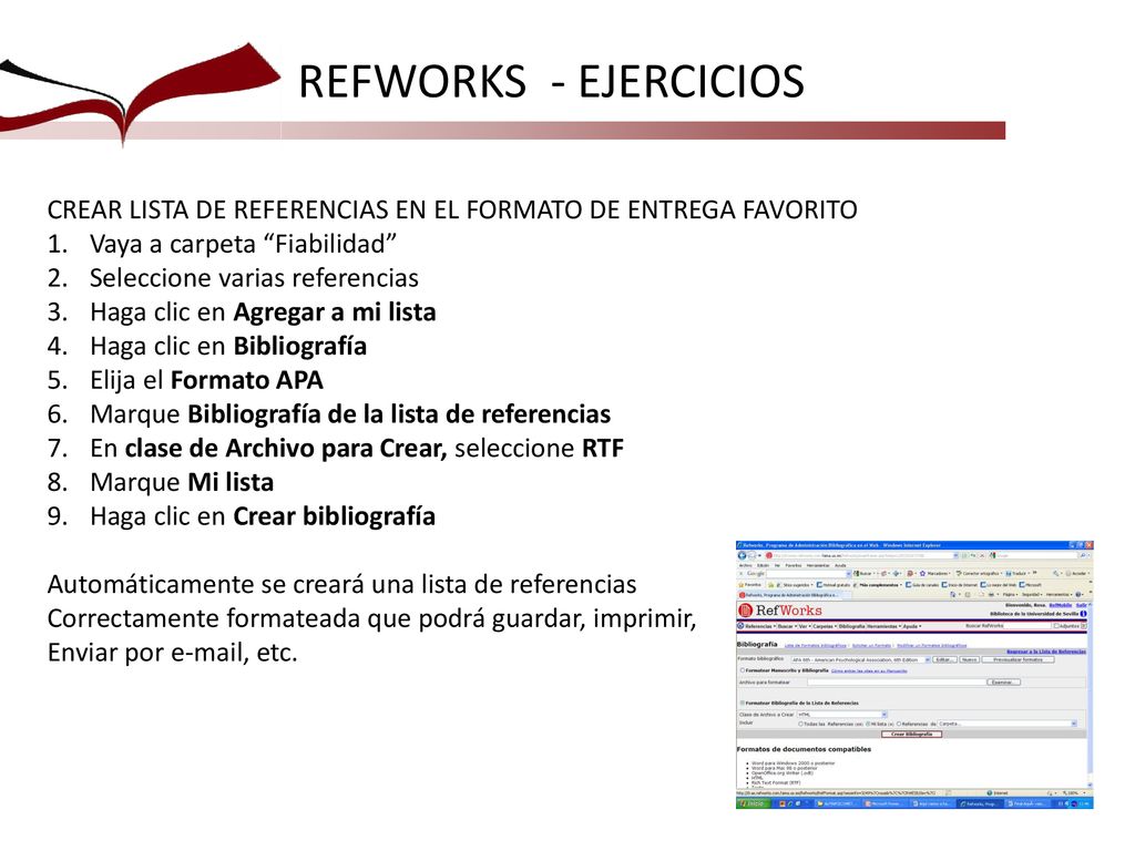 REFWORKS - EJERCICIOS CREAR LISTA DE REFERENCIAS EN EL FORMATO DE ENTREGA FAVORITO. Vaya a carpeta Fiabilidad