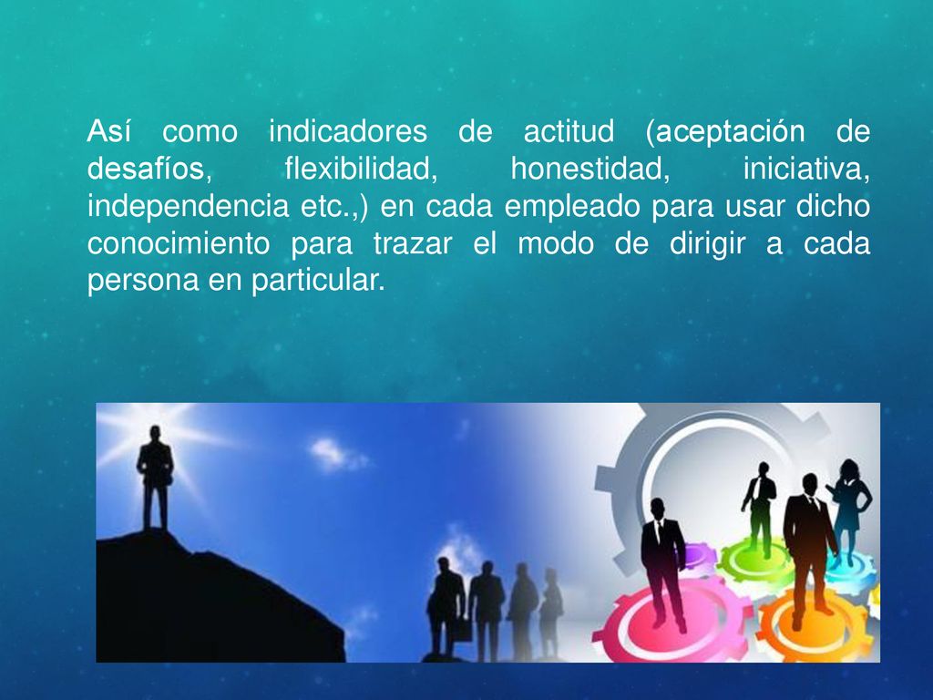 Así como indicadores de actitud (aceptación de desafíos, flexibilidad, honestidad, iniciativa, independencia etc.,) en cada empleado para usar dicho conocimiento para trazar el modo de dirigir a cada persona en particular.