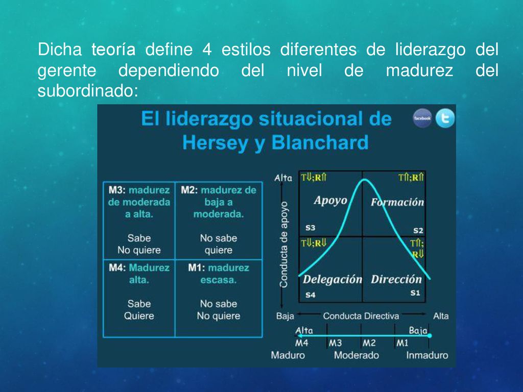 Dicha teoría define 4 estilos diferentes de liderazgo del gerente dependiendo del nivel de madurez del subordinado: