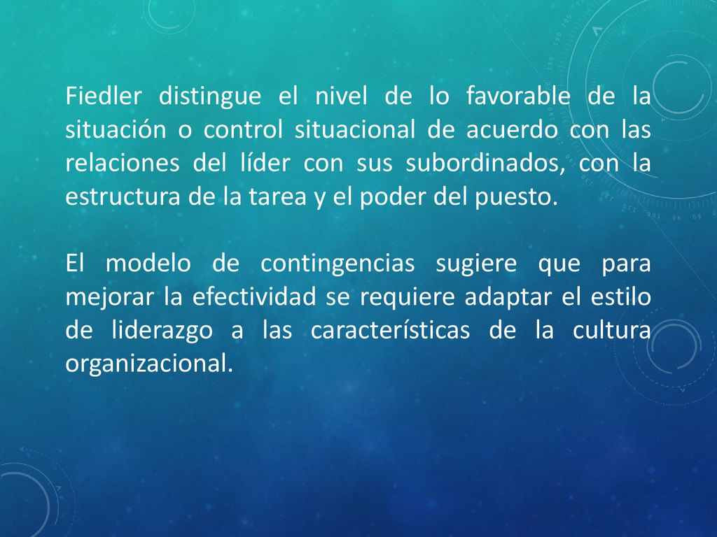 Fiedler distingue el nivel de lo favorable de la situación o control situacional de acuerdo con las relaciones del líder con sus subordinados, con la estructura de la tarea y el poder del puesto.