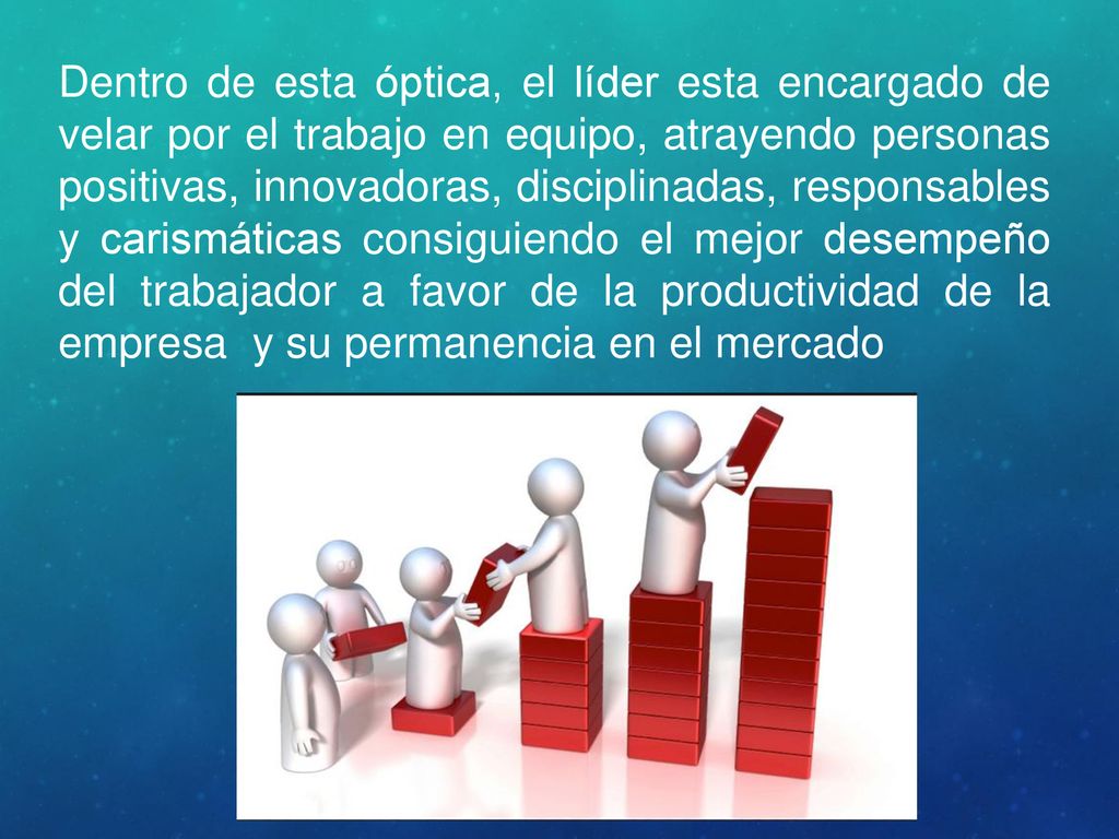 Dentro de esta óptica, el líder esta encargado de velar por el trabajo en equipo, atrayendo personas positivas, innovadoras, disciplinadas, responsables y carismáticas consiguiendo el mejor desempeño del trabajador a favor de la productividad de la empresa y su permanencia en el mercado