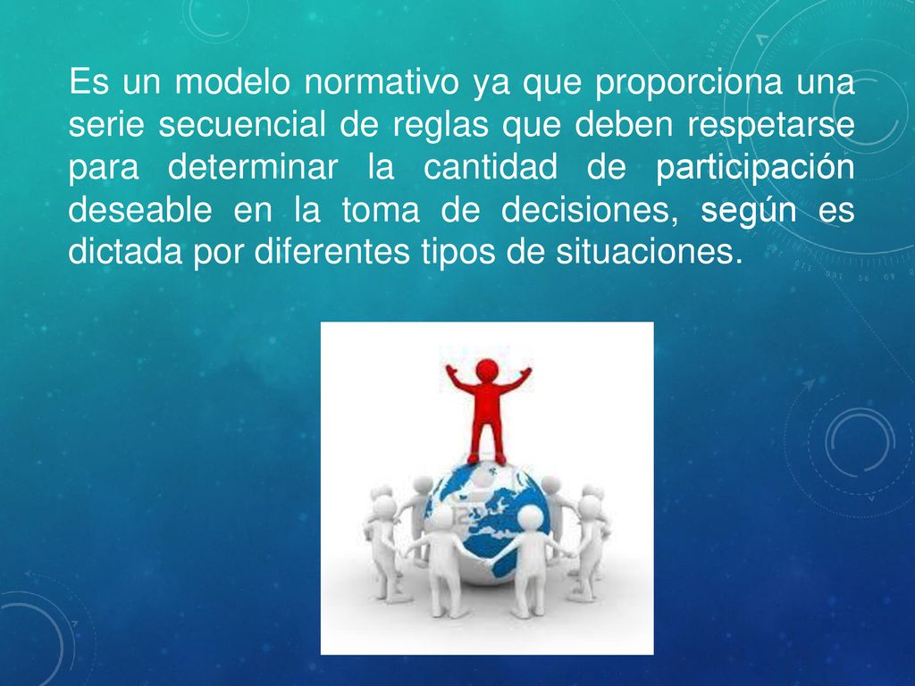 Es un modelo normativo ya que proporciona una serie secuencial de reglas que deben respetarse para determinar la cantidad de participación deseable en la toma de decisiones, según es dictada por diferentes tipos de situaciones.